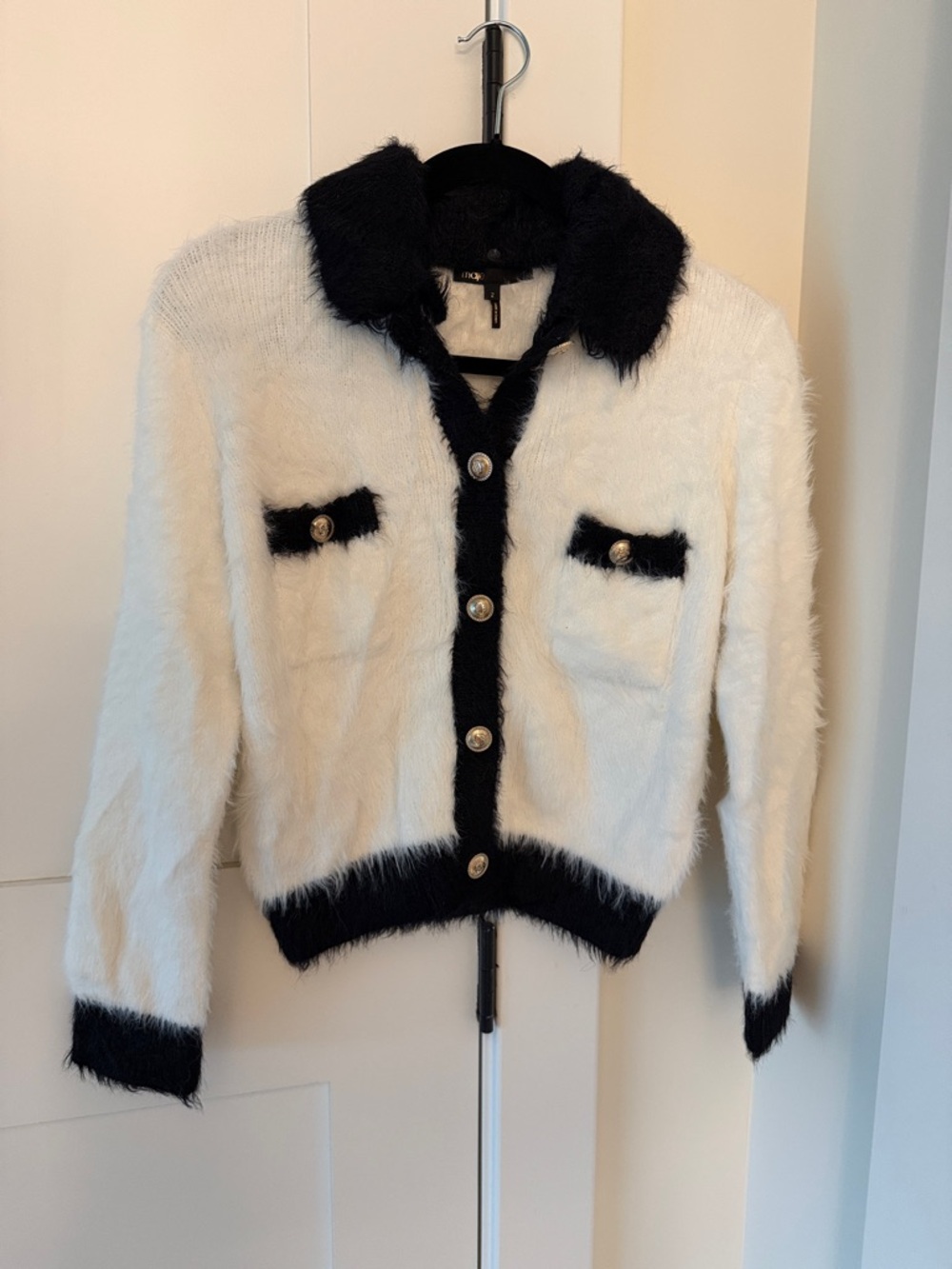 Maje Black & White Faux Fur Trim Knit Cardigan Jacket